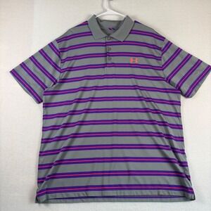 Under Armour HeatGear Mens 2XL Polo Shirt Grey Purple Orange Striped Loose Fit